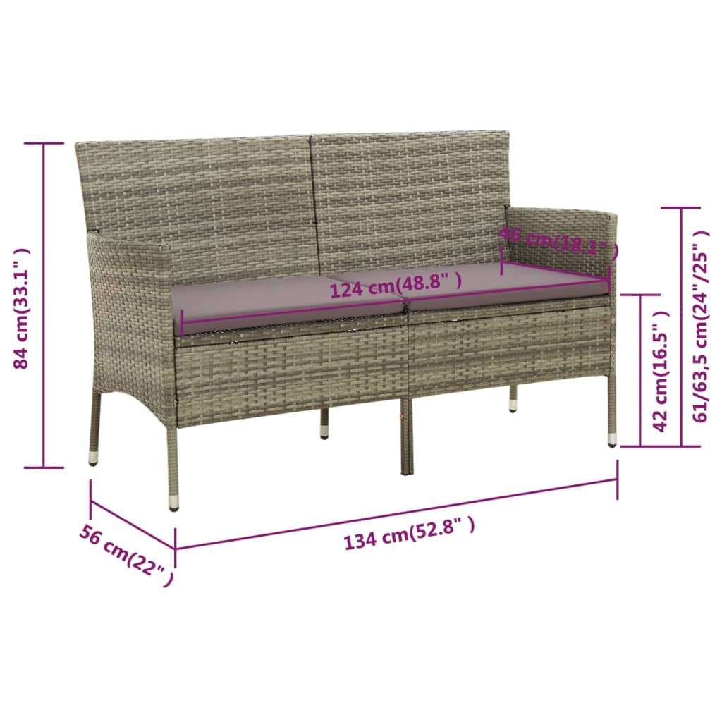 Tuinbank 3-zits met kussen poly rattan grijs