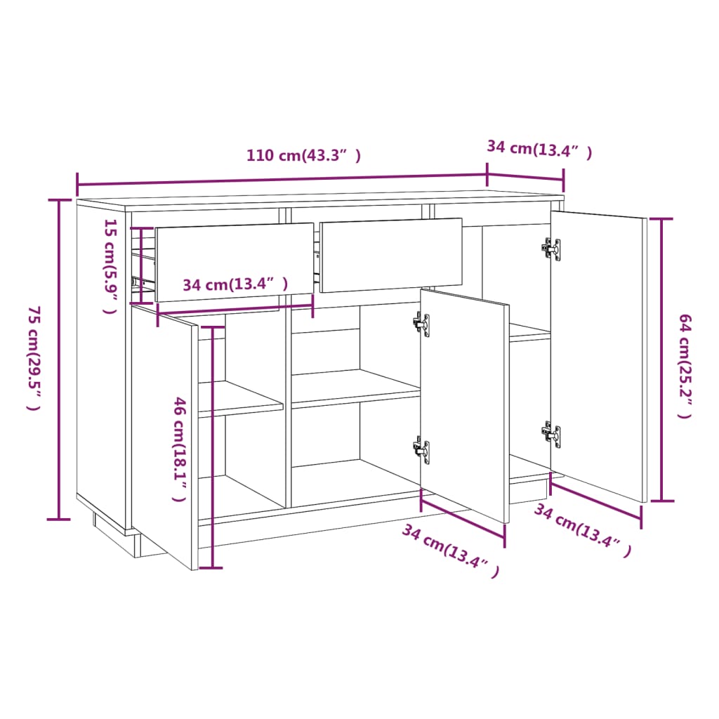 Dressoir 110x34x75 cm massief grenenhout