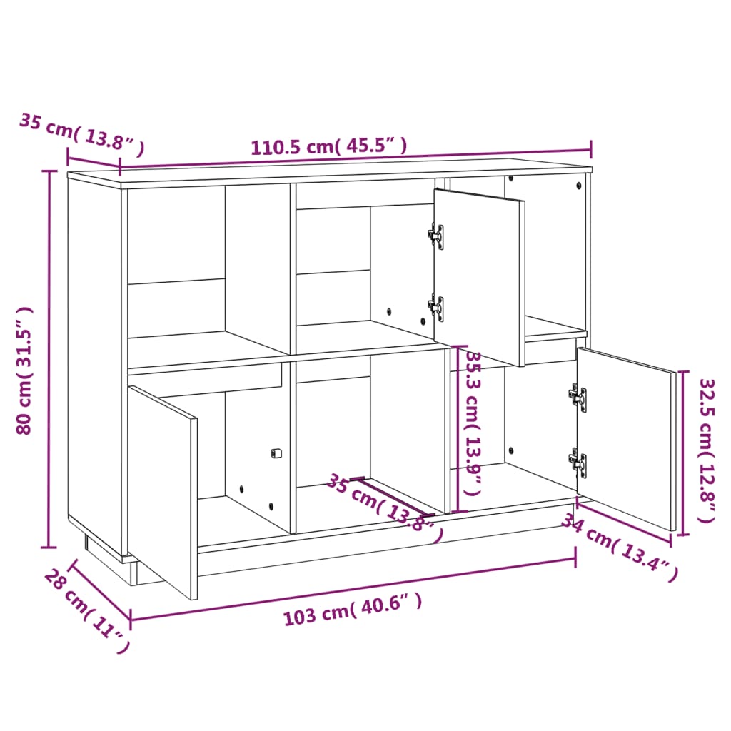 Dressoir 110,5x35x80 cm massief grenenhout