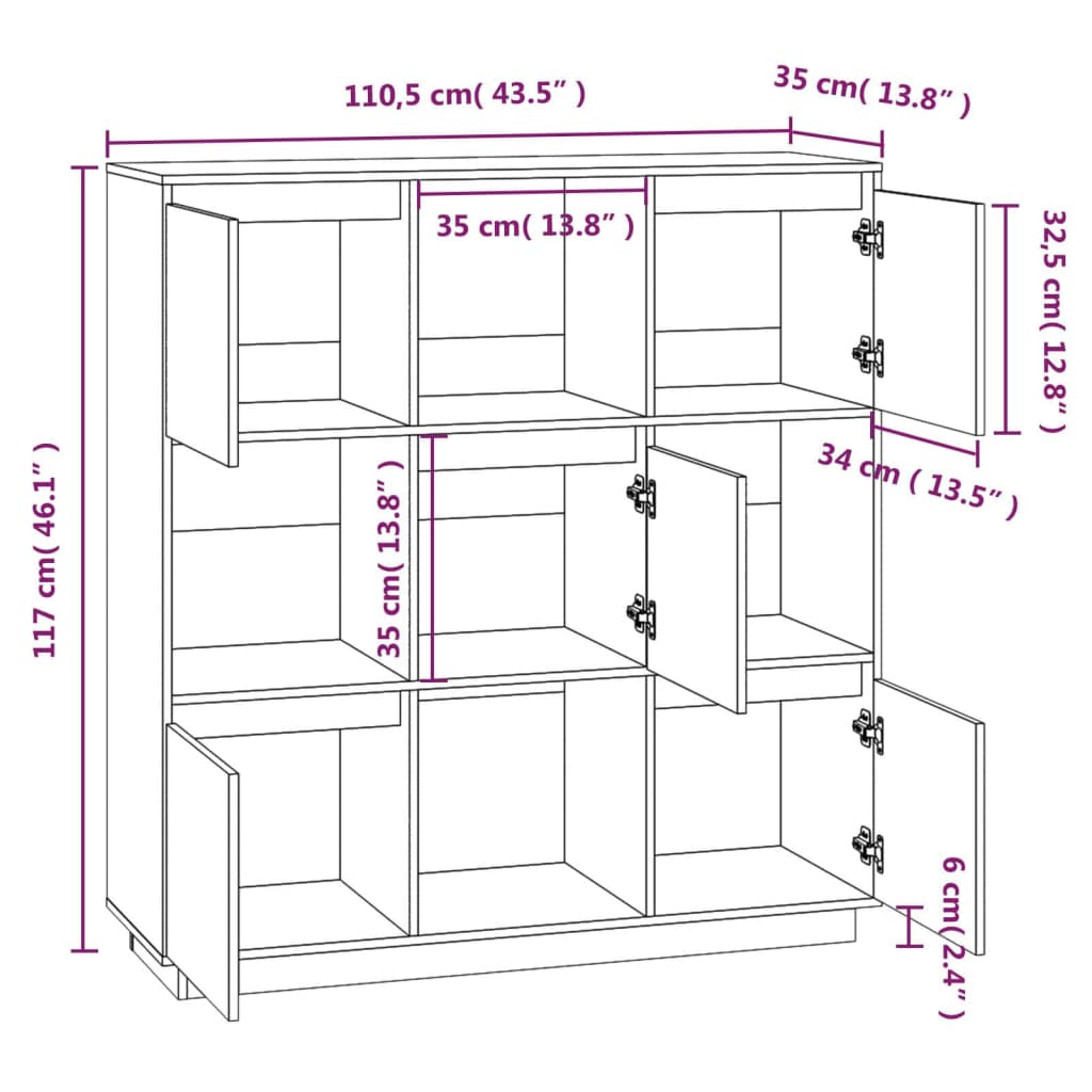 Hoge kast 110,5x35x117 cm massief grenenhout