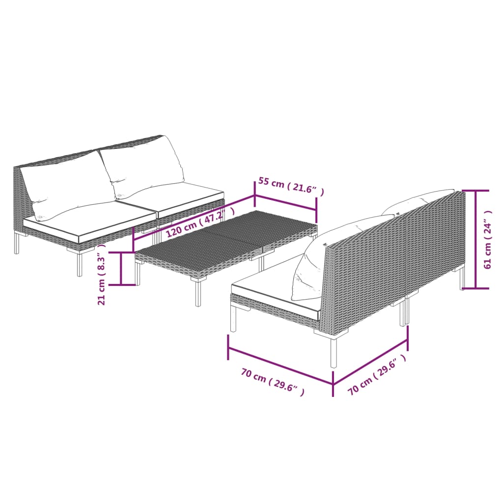 9-delige Loungeset met kussens poly rattan donkergrijs