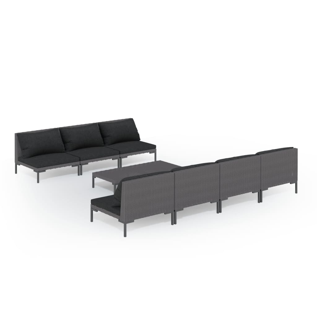 9-delige Loungeset met kussens poly rattan donkergrijs