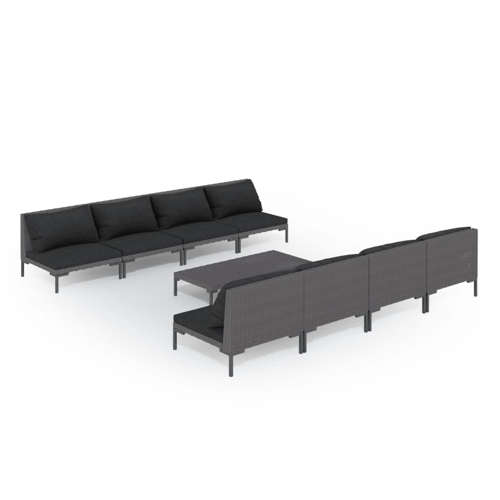 9-delige Loungeset met kussens poly rattan donkergrijs