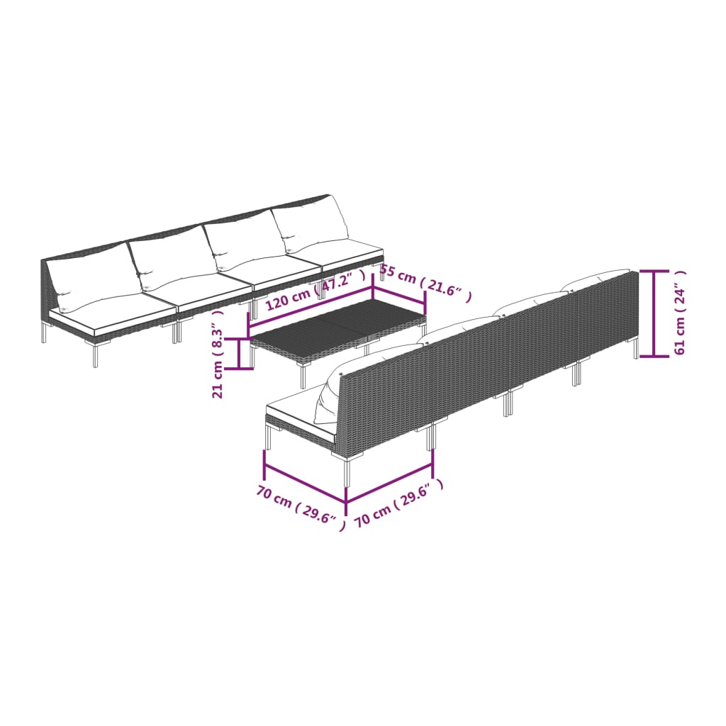 9-delige Loungeset met kussens poly rattan donkergrijs