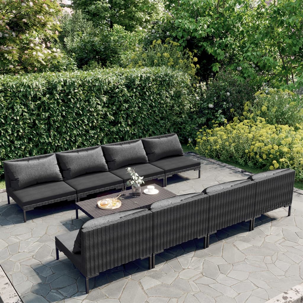 9-delige Loungeset met kussens poly rattan donkergrijs