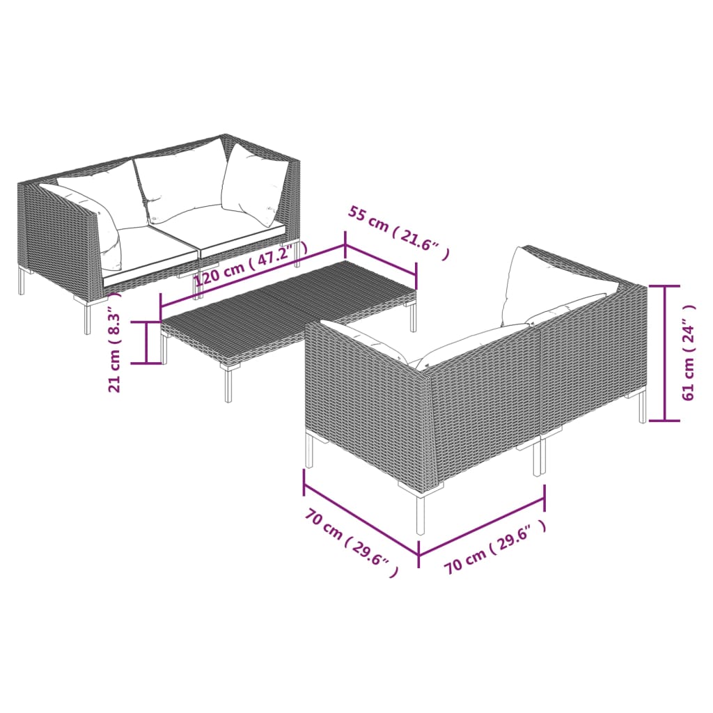 9-delige Loungeset met kussens poly rattan donkergrijs