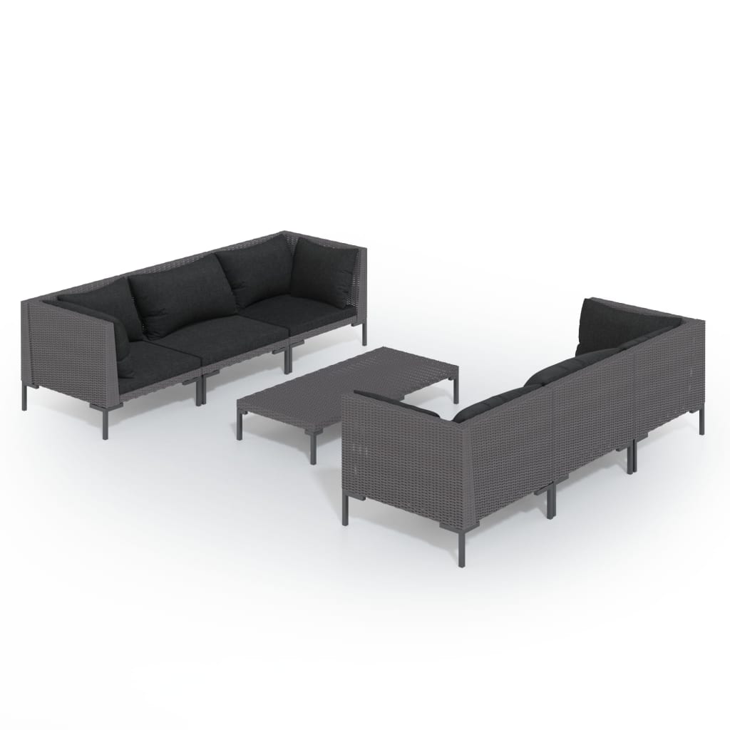 9-delige Loungeset met kussens poly rattan donkergrijs