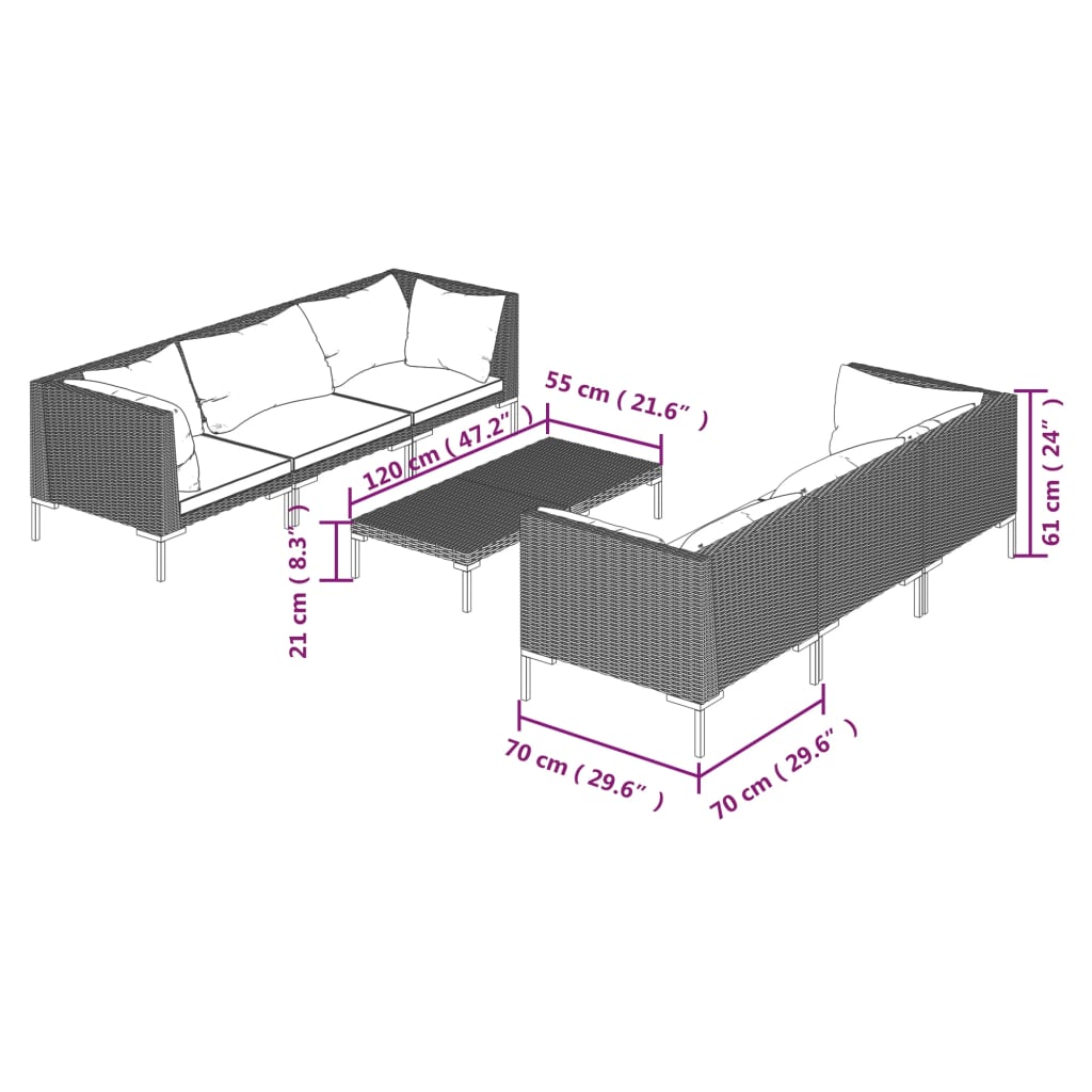 5-delige Loungeset met kussens poly rattan donkergrijs