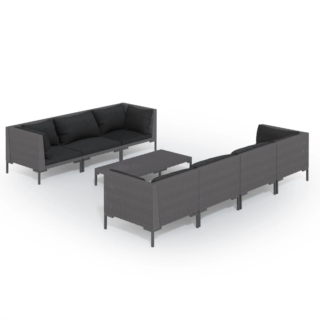 9-delige Loungeset met kussens poly rattan donkergrijs