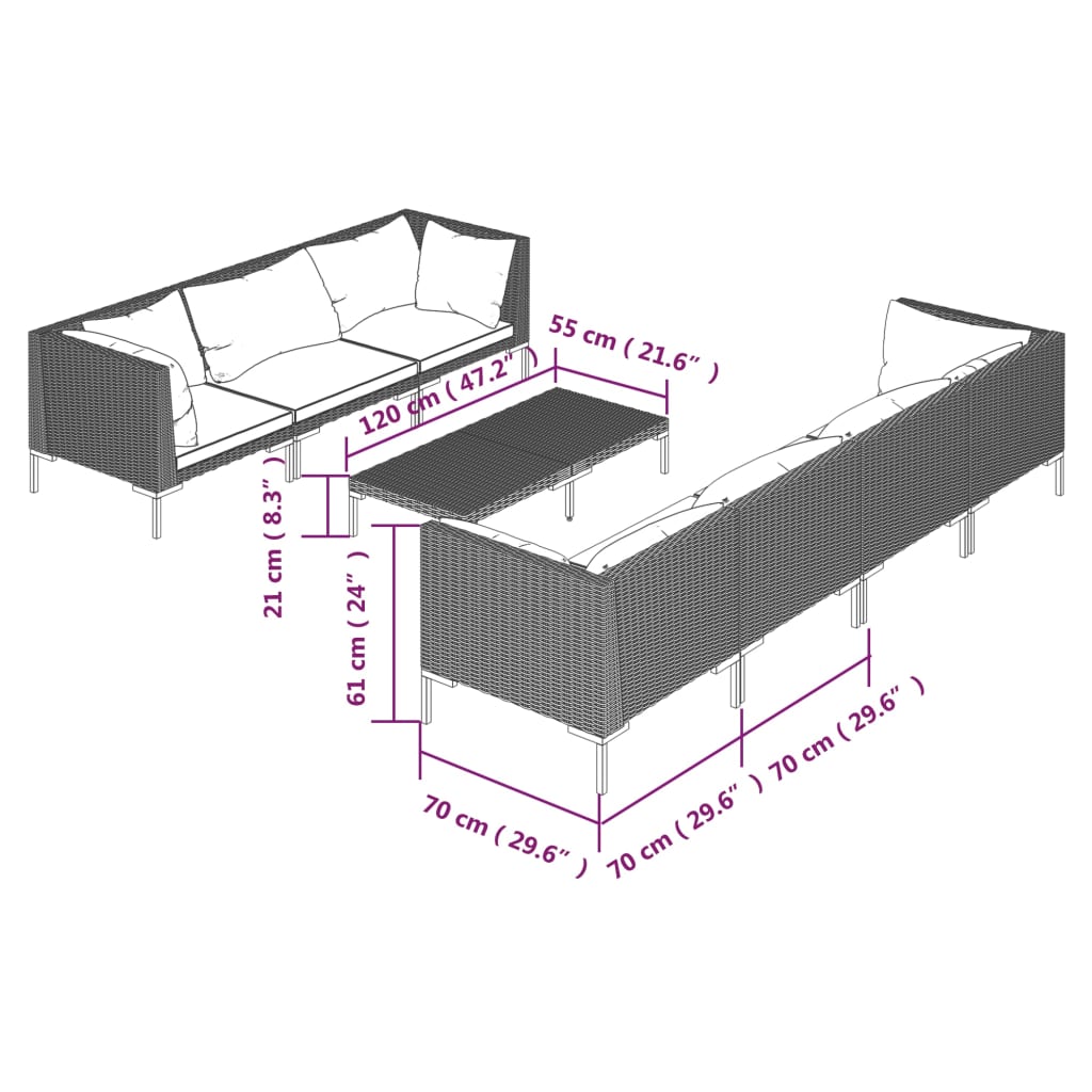 5-delige Loungeset met kussens poly rattan donkergrijs