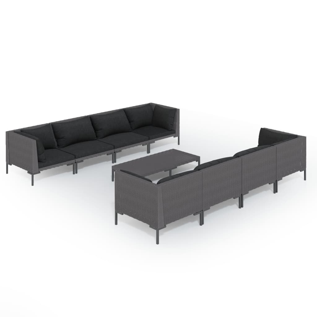 9-delige Loungeset met kussens poly rattan donkergrijs