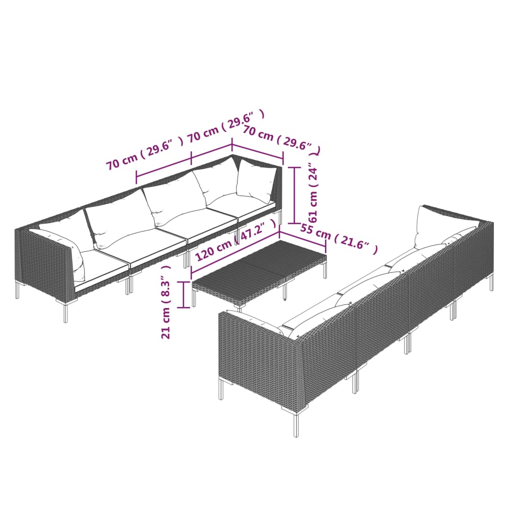 9-delige Loungeset met kussens poly rattan donkergrijs