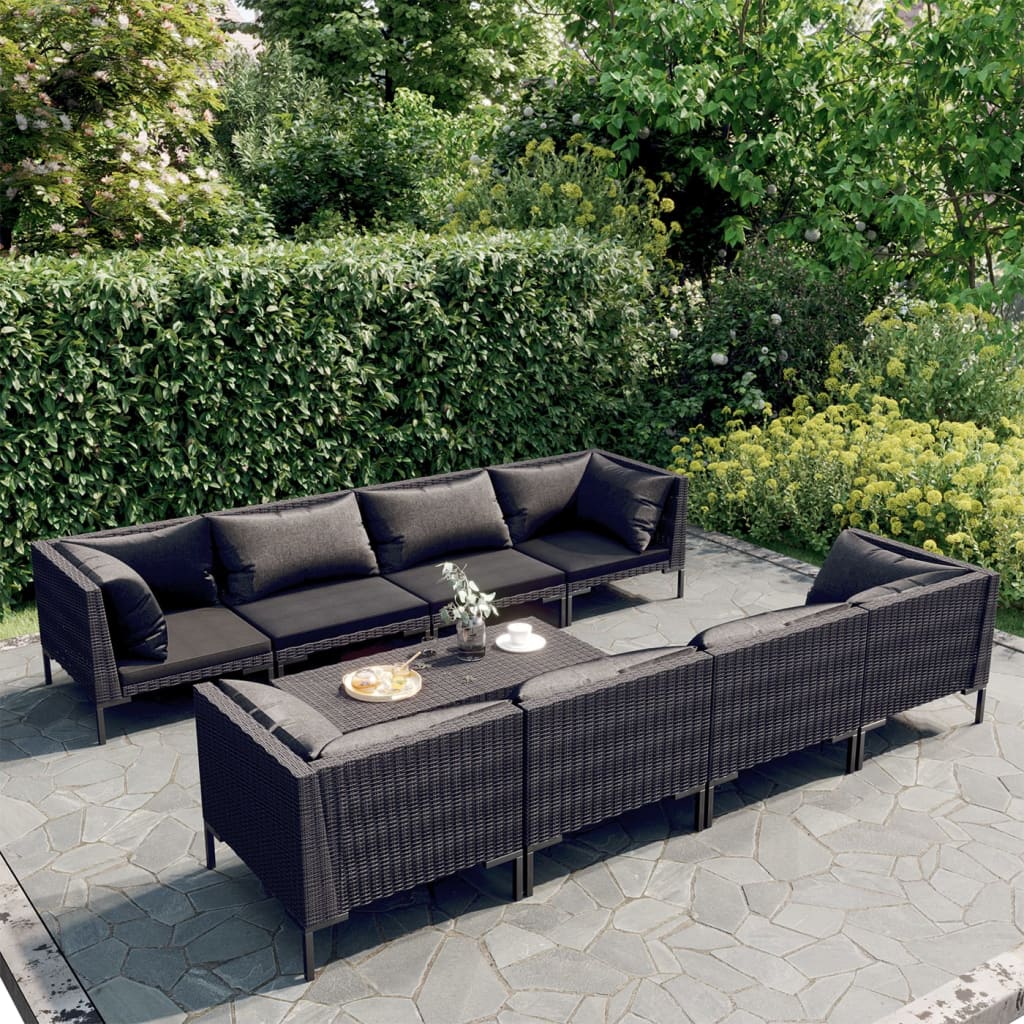 9-delige Loungeset met kussens poly rattan donkergrijs