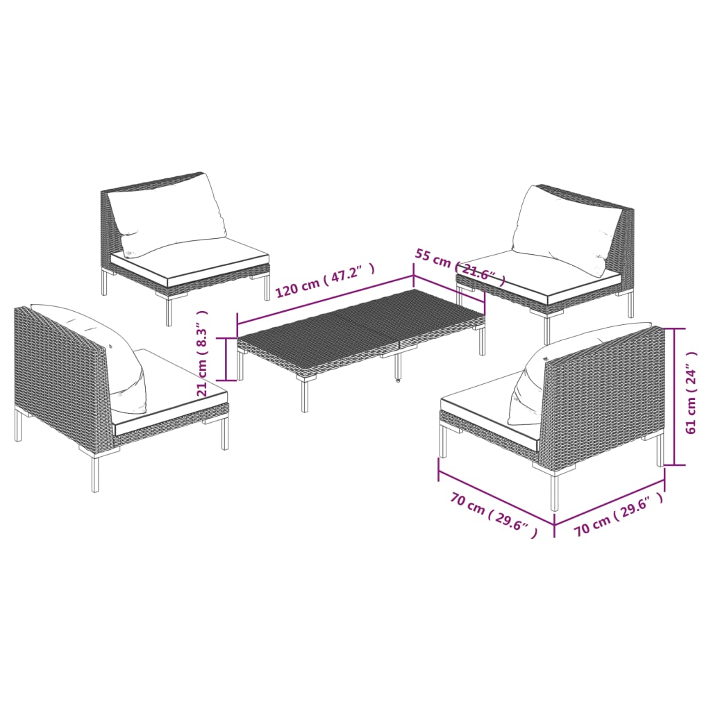 8-delige Loungeset met kussens poly rattan donkergrijs