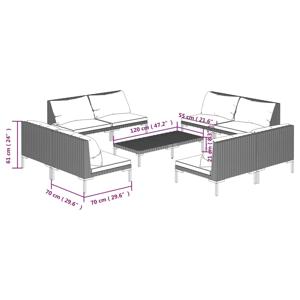 8-delige Loungeset met kussens poly rattan donkergrijs