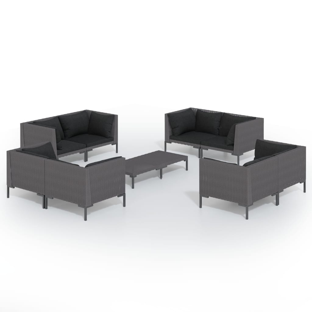 8-delige Loungeset met kussens poly rattan donkergrijs