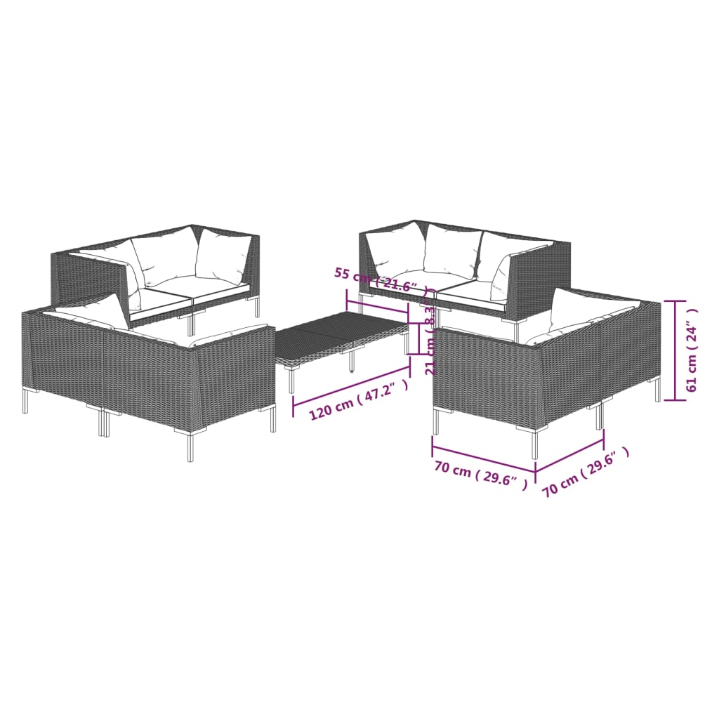 8-delige Loungeset met kussens poly rattan donkergrijs