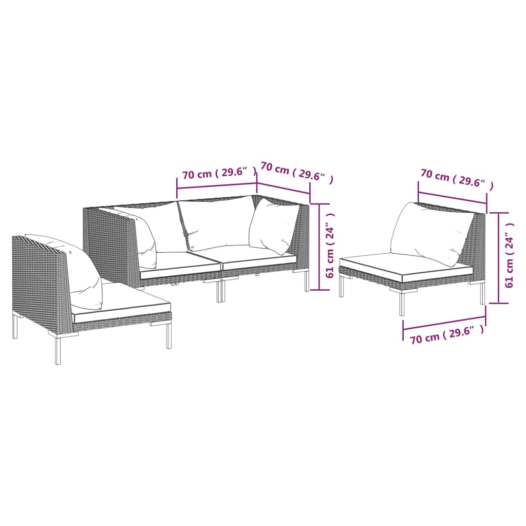 6-delige Loungeset met kussens poly rattan donkergrijs