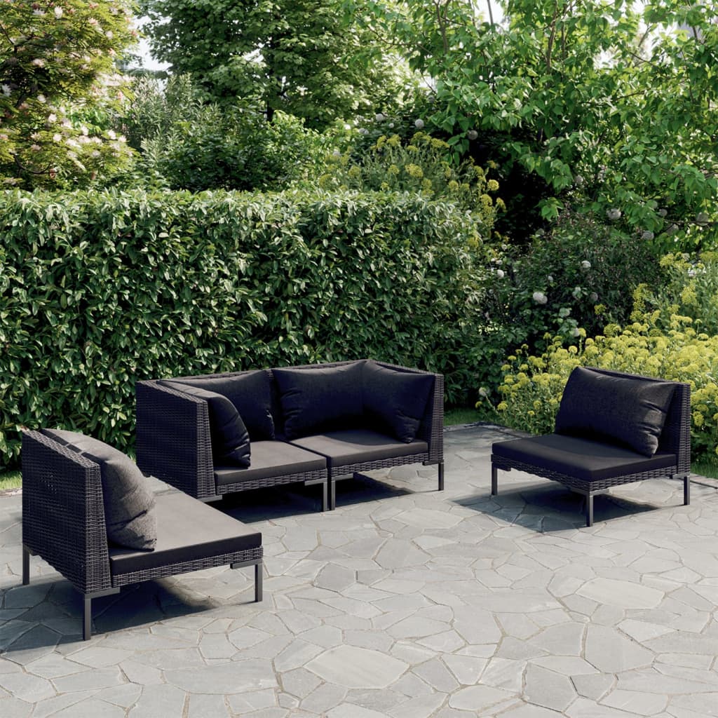 6-delige Loungeset met kussens poly rattan donkergrijs