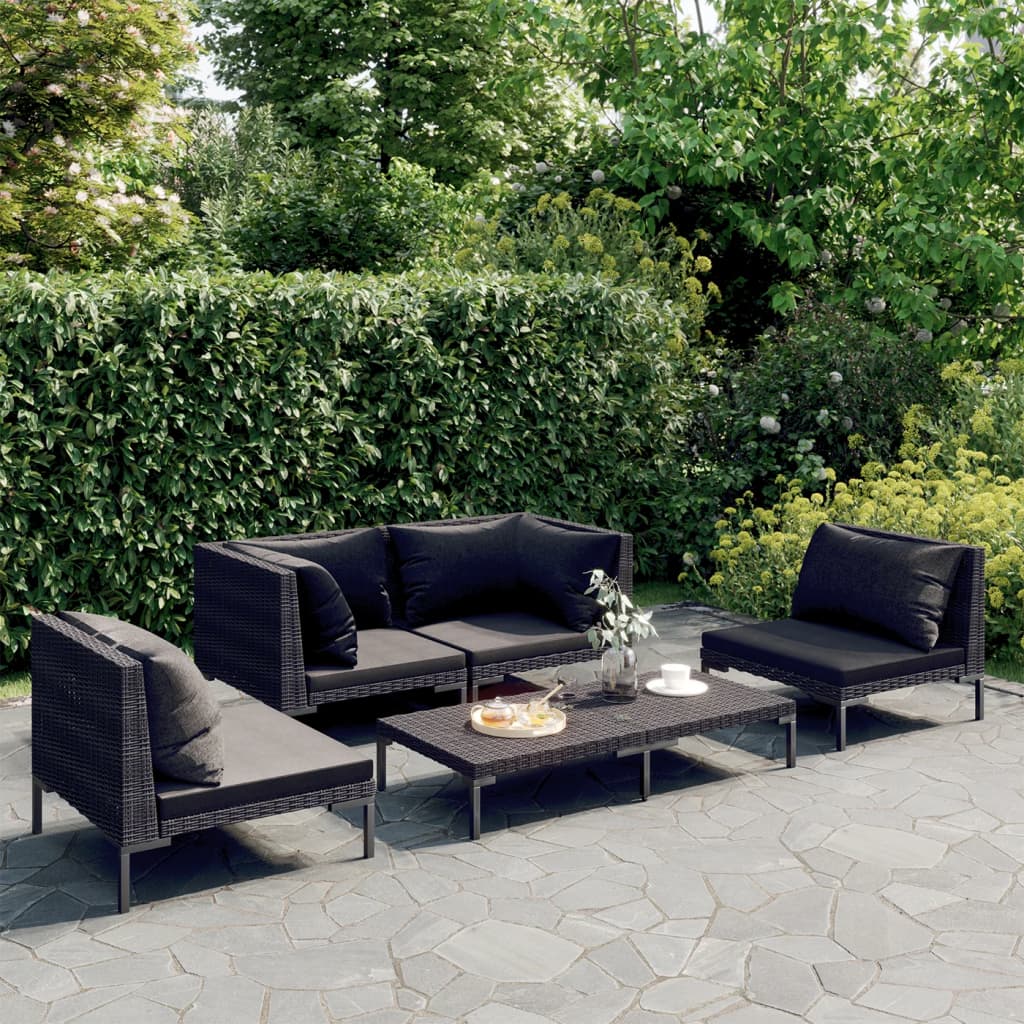 6-delige Loungeset met kussens poly rattan donkergrijs