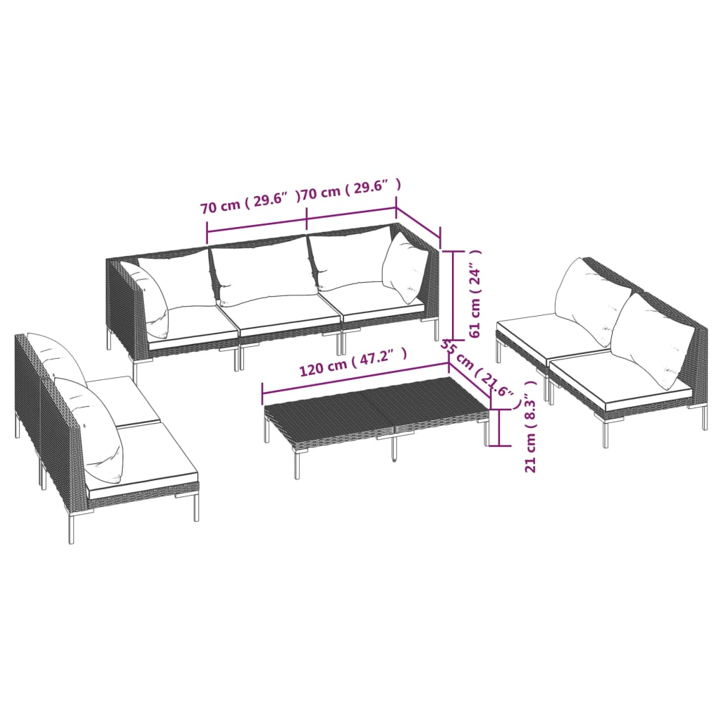 6-delige Loungeset met kussens poly rattan donkergrijs