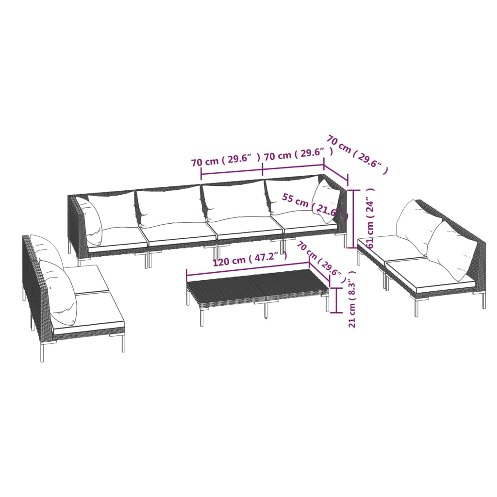 6-delige Loungeset met kussens poly rattan donkergrijs