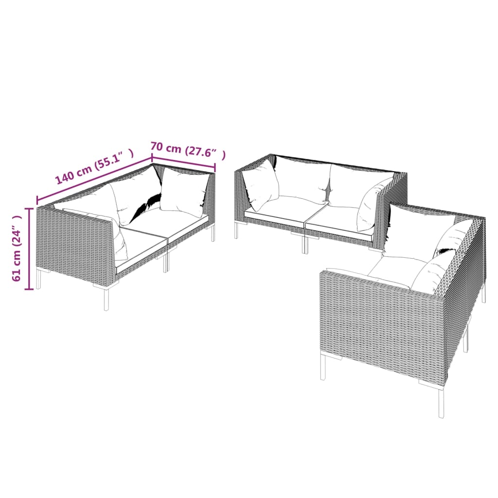 6-delige Loungeset met kussens poly rattan donkergrijs