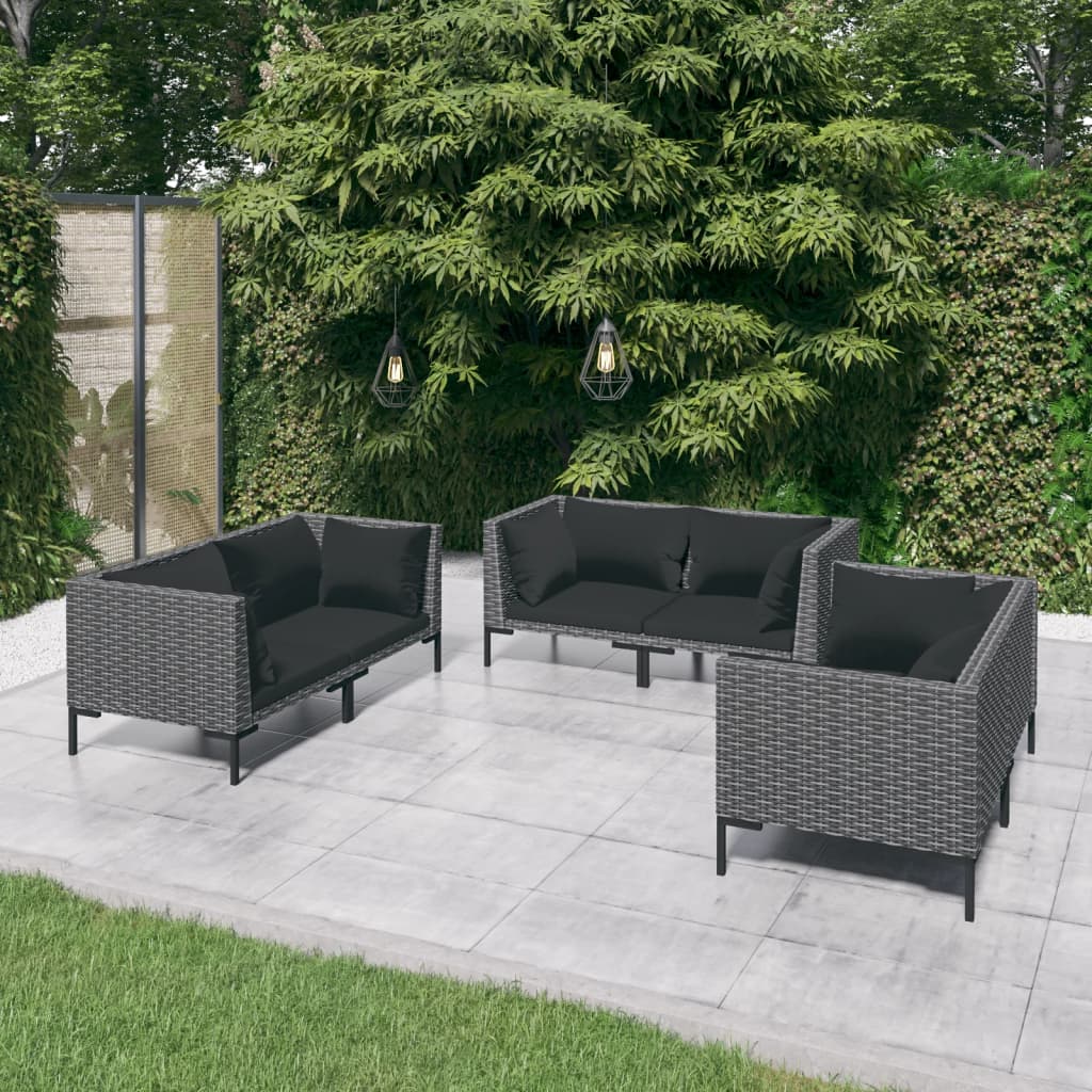 6-delige Loungeset met kussens poly rattan donkergrijs