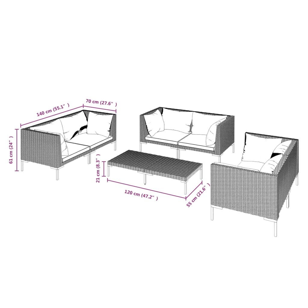 6-delige Loungeset met kussens poly rattan donkergrijs