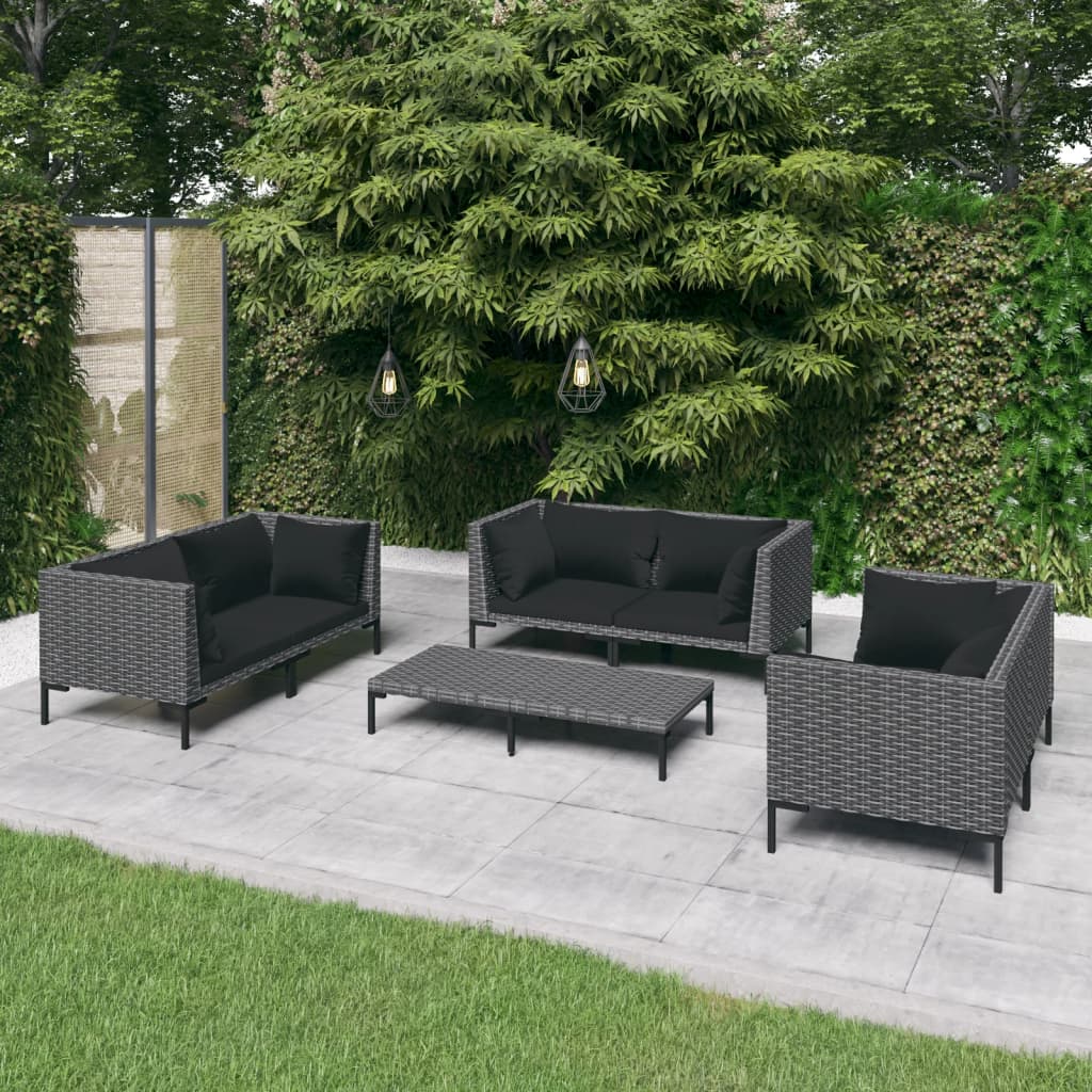 6-delige Loungeset met kussens poly rattan donkergrijs