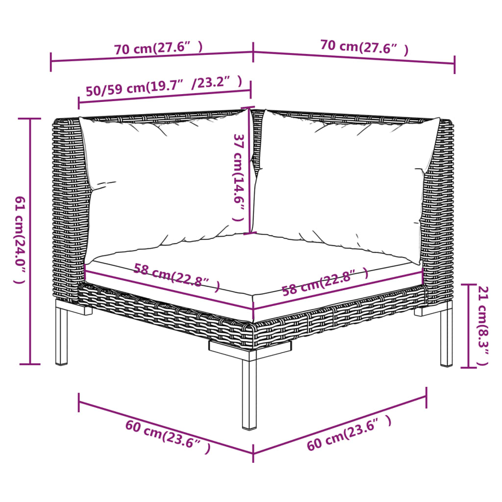 6-delige Loungeset met kussens poly rattan donkergrijs