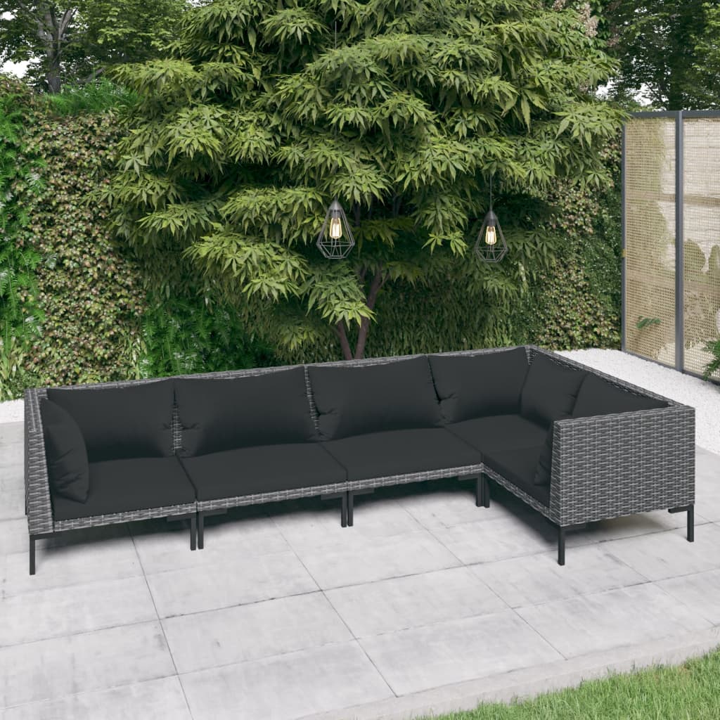 5-delige Loungeset met kussens poly rattan donkergrijs