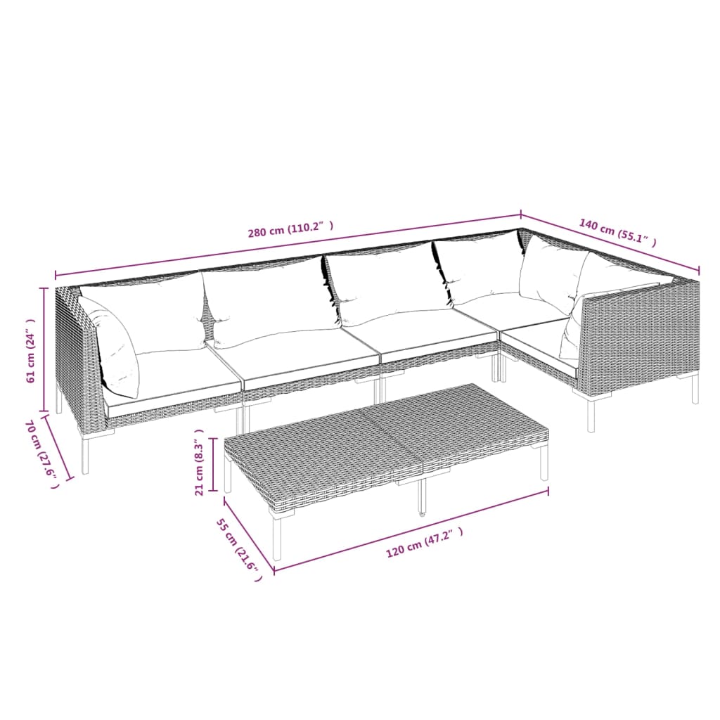 5-delige Loungeset met kussens poly rattan donkergrijs