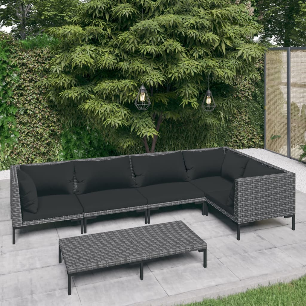 5-delige Loungeset met kussens poly rattan donkergrijs