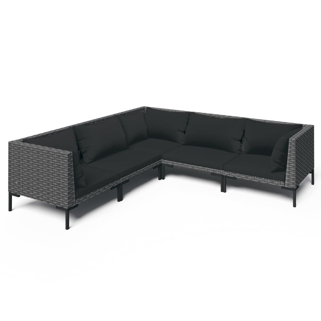 5-delige Loungeset met kussens poly rattan donkergrijs