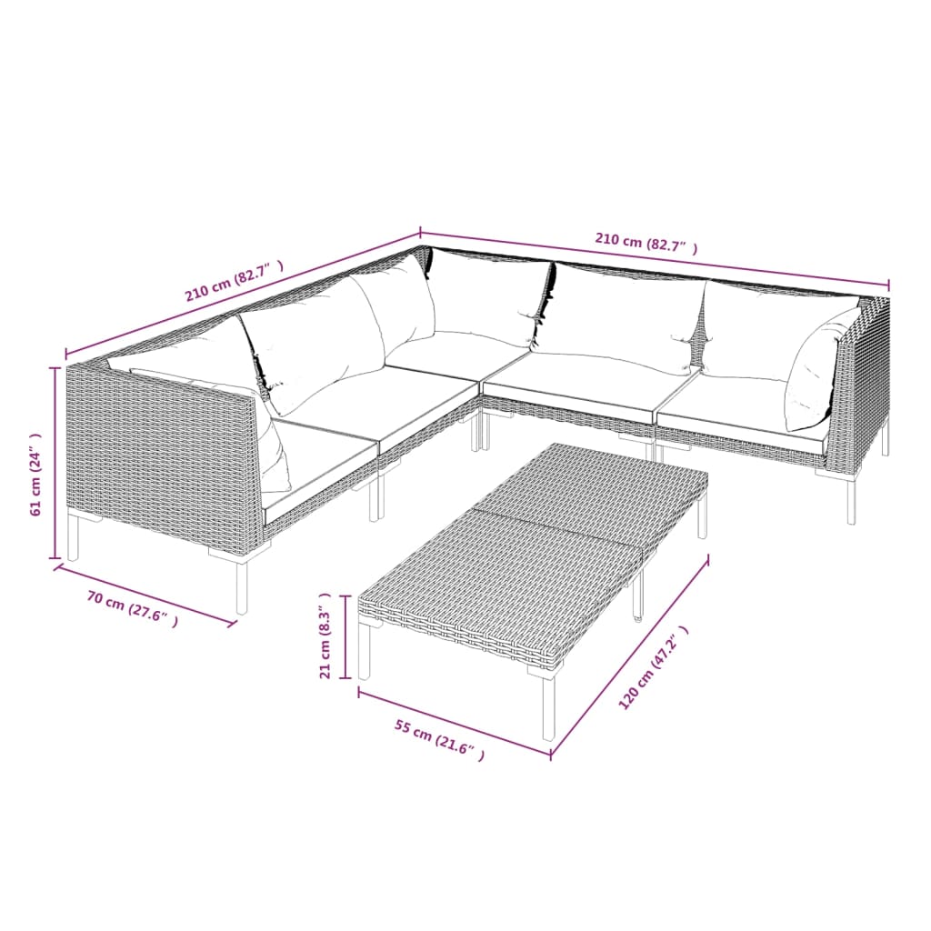 5-delige Loungeset met kussens poly rattan donkergrijs