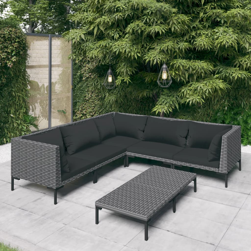 5-delige Loungeset met kussens poly rattan donkergrijs