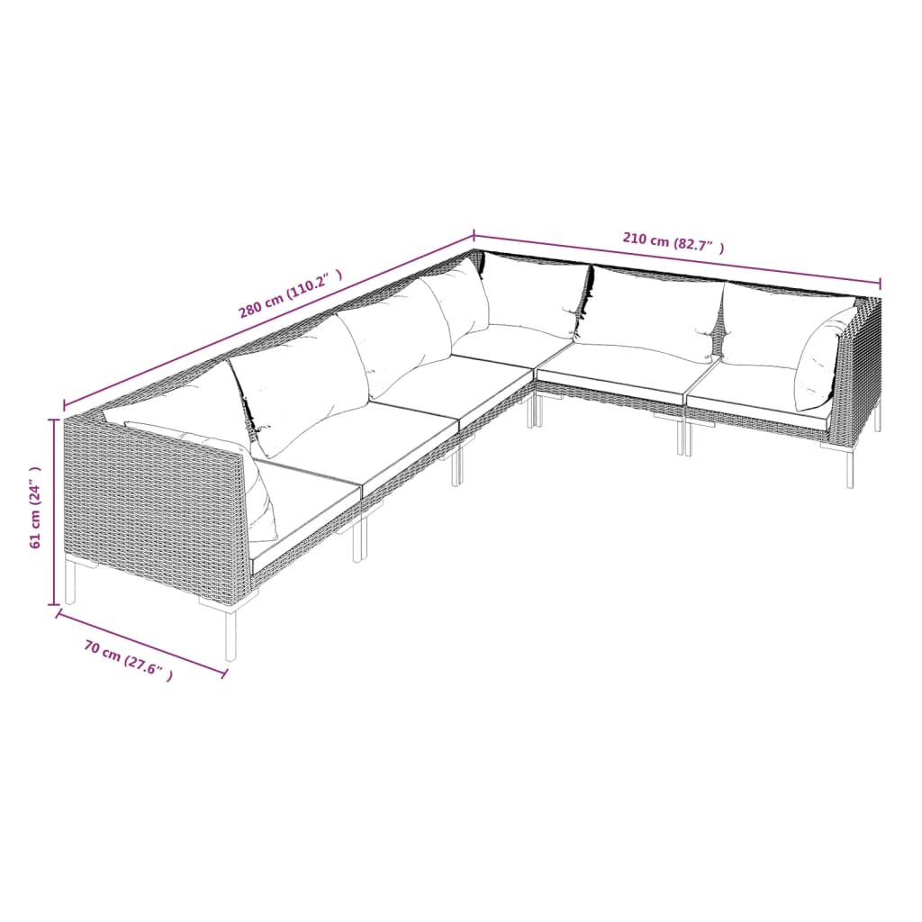 5-delige Loungeset met kussens poly rattan donkergrijs