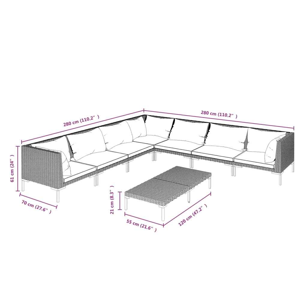 5-delige Loungeset met kussens poly rattan donkergrijs