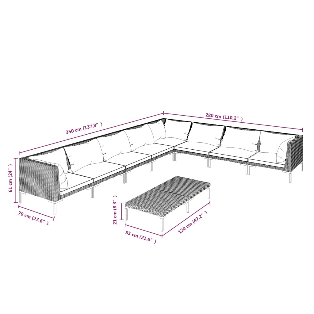 5-delige Loungeset met kussens poly rattan donkergrijs