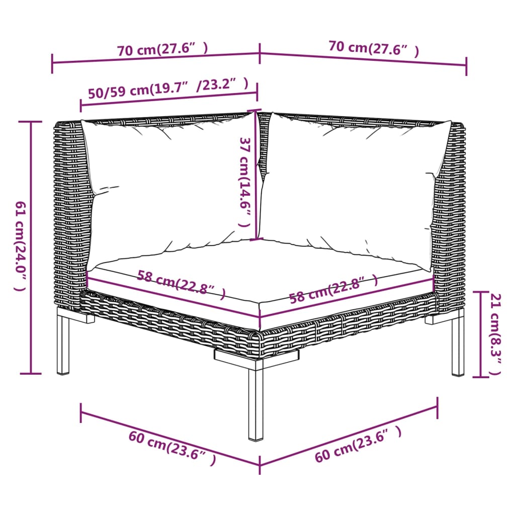 9-delige Loungeset met kussens poly rattan donkergrijs