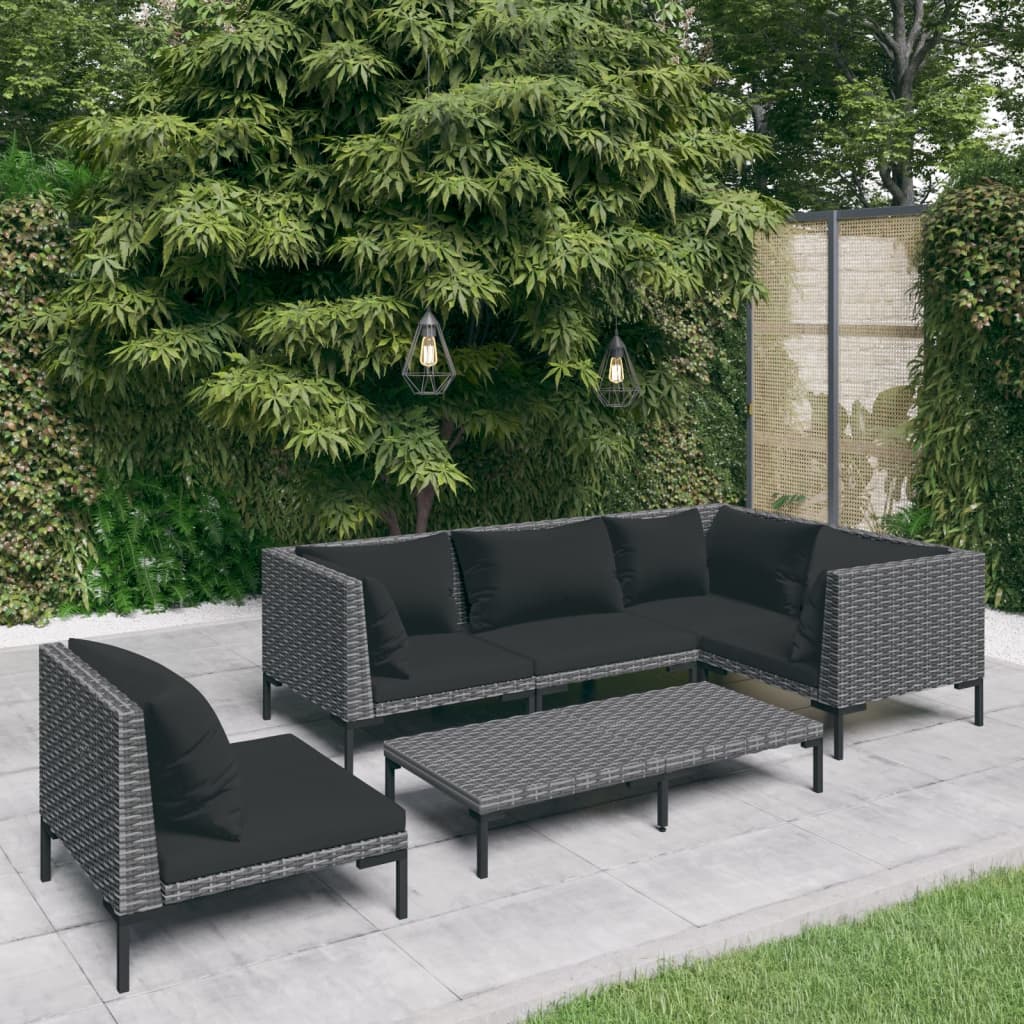 9-delige Loungeset met kussens poly rattan donkergrijs