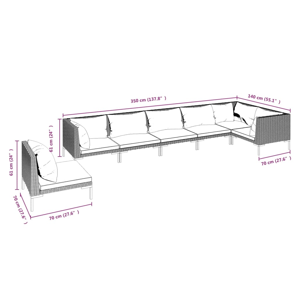 9-delige Loungeset met kussens poly rattan donkergrijs