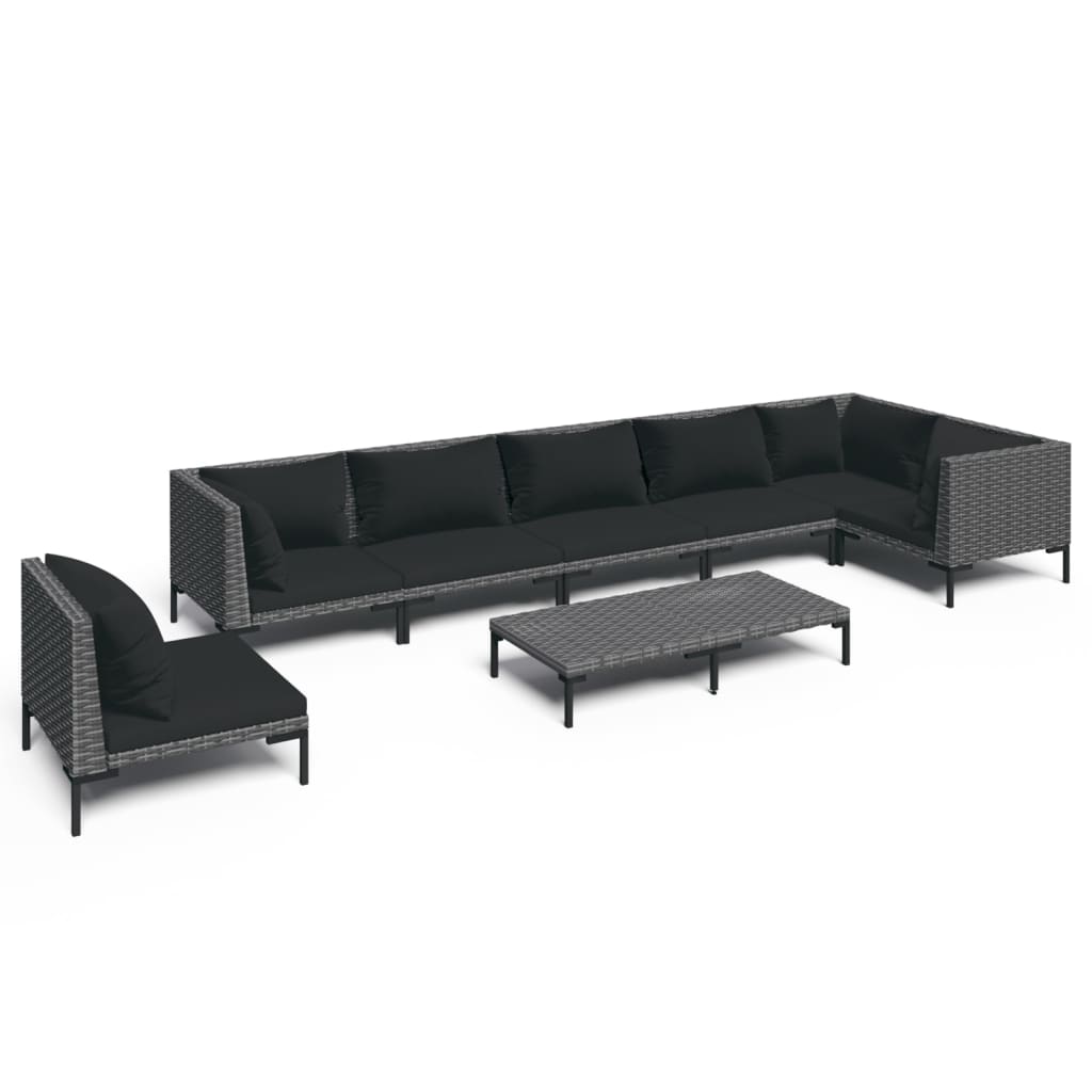 9-delige Loungeset met kussens poly rattan donkergrijs