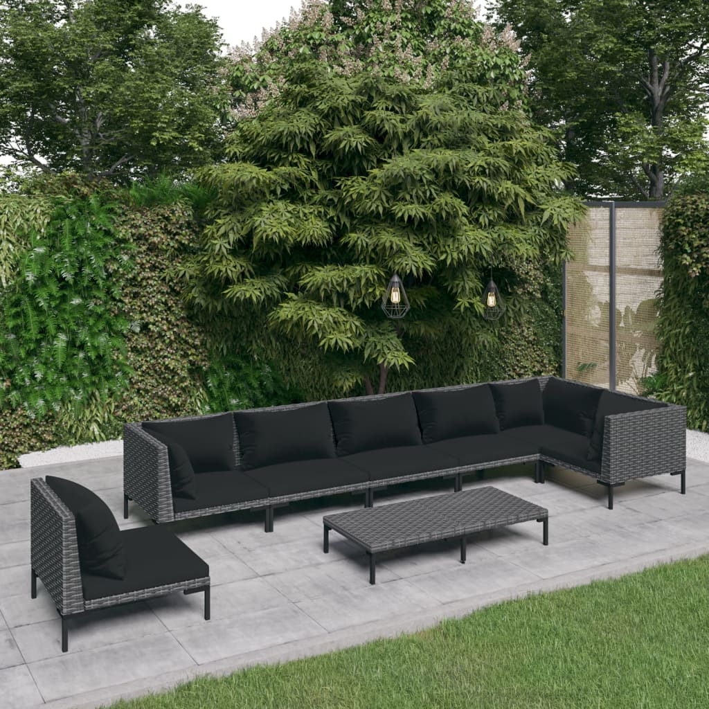 9-delige Loungeset met kussens poly rattan donkergrijs