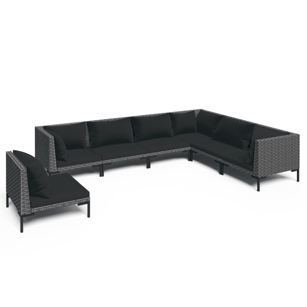 9-delige Loungeset met kussens poly rattan donkergrijs