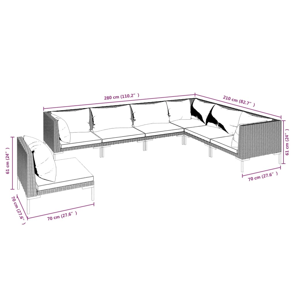 9-delige Loungeset met kussens poly rattan donkergrijs