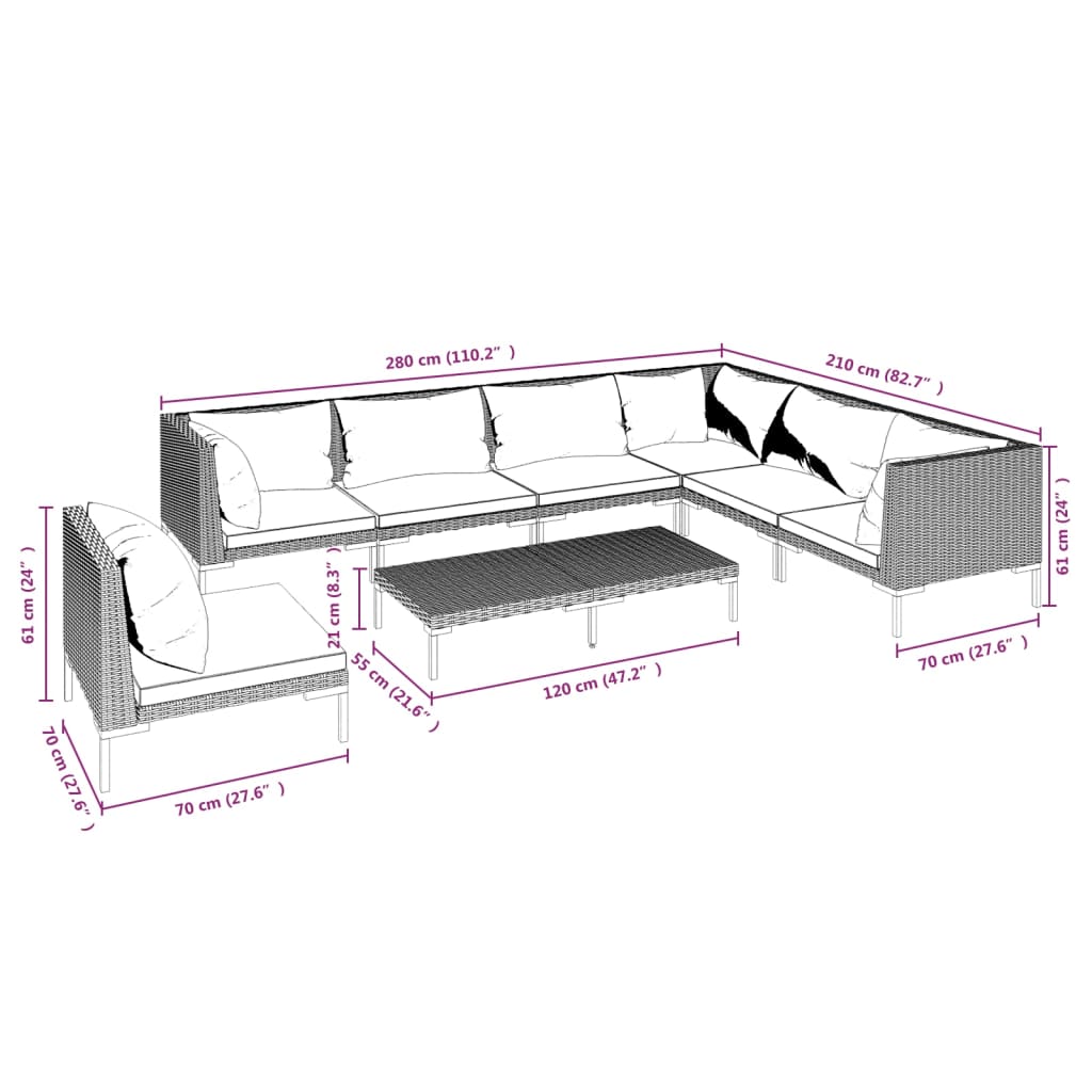 9-delige Loungeset met kussens poly rattan donkergrijs