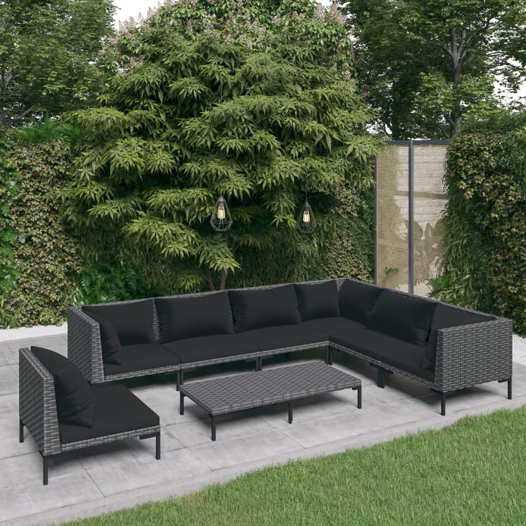 9-delige Loungeset met kussens poly rattan donkergrijs