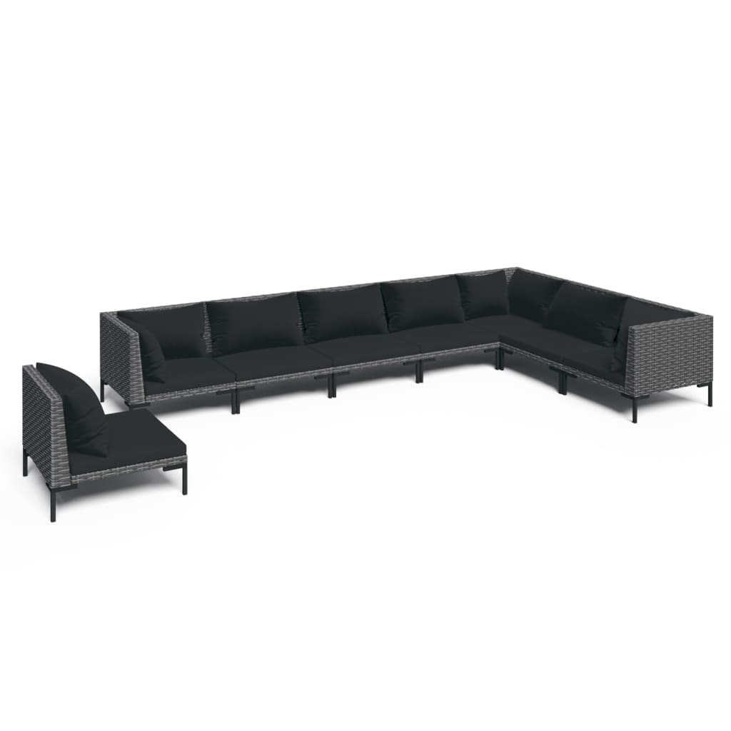 9-delige Loungeset met kussens poly rattan donkergrijs